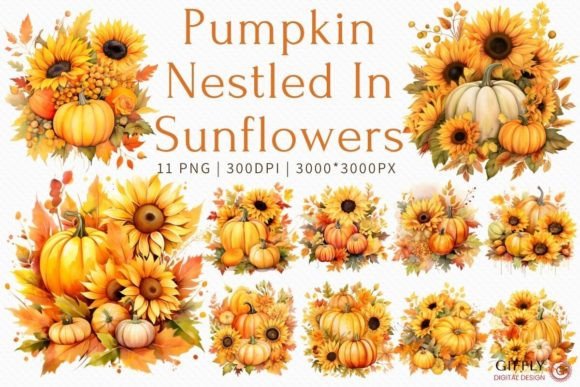 Download Watercolor Pumpkin Nestled in Sunflowers - Watercolor pumpkin Collection